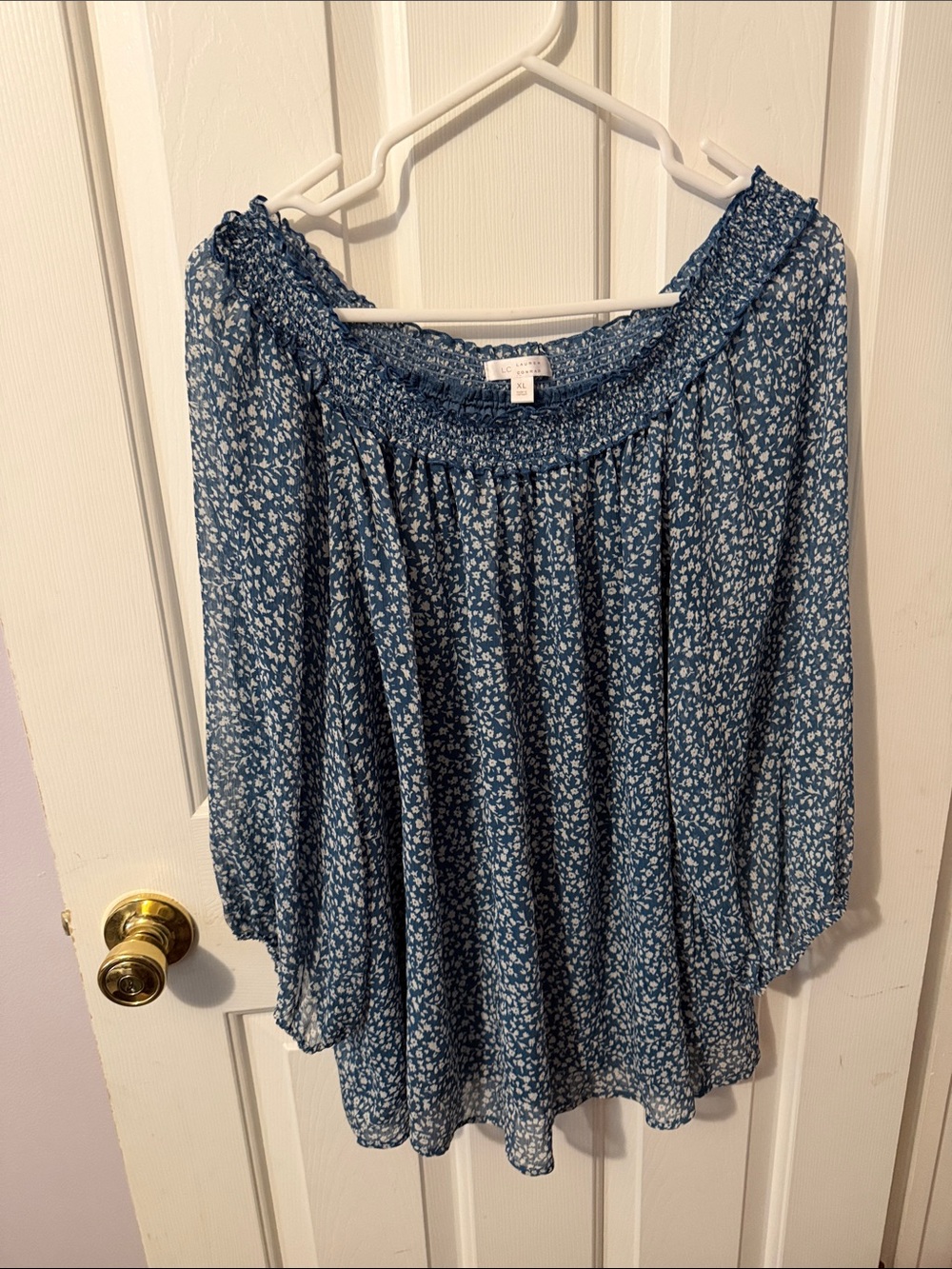 LC Lauren Conrad Blue Floral Off-Shoulder Blouse